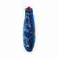 Blue beaded handbag with gold and red accents on a white background