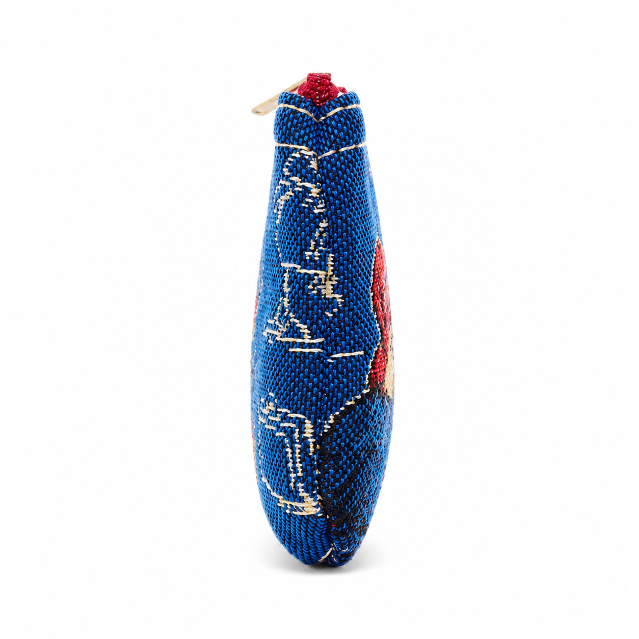 Blue beaded handbag with gold and red accents on a white background