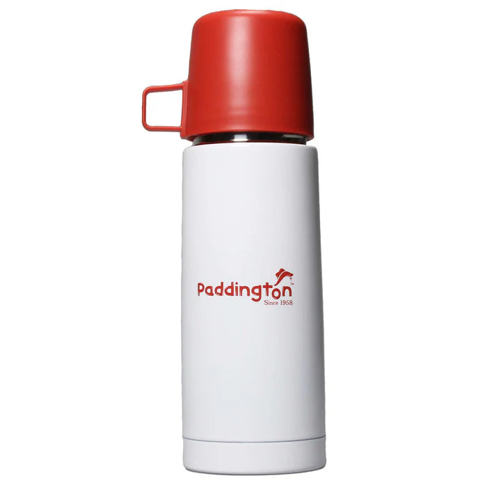 White thermos with red lid and 'Paddington' logo on a white background