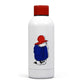 White water bottle with a red lid and a cartoon character wearing a blue coat and red hat on a white background.