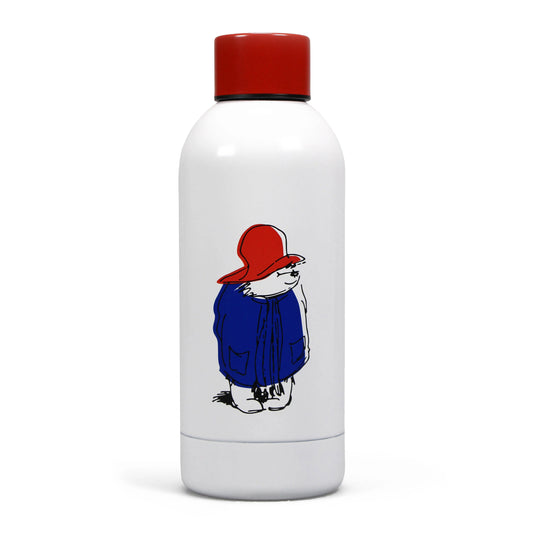 White water bottle with a red lid and a cartoon character wearing a blue coat and red hat on a white background.
