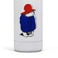 White tumbler with a cartoon bear design wearing a red hat and blue coat on a white background