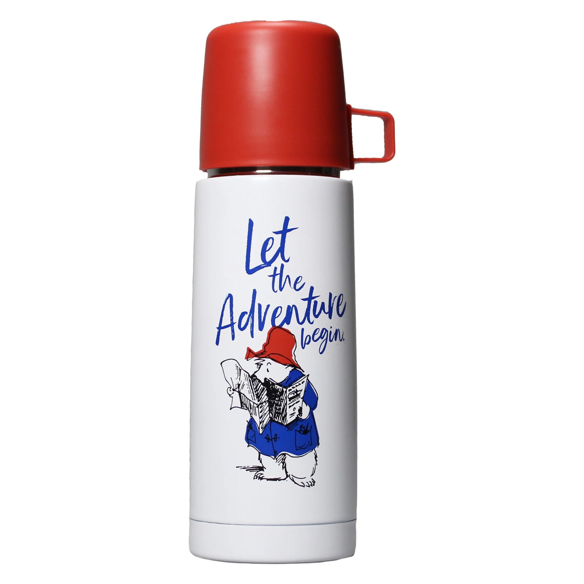 White thermos with red lid featuring a cartoon character and 'Let the Adventure Begin' text on a white background.