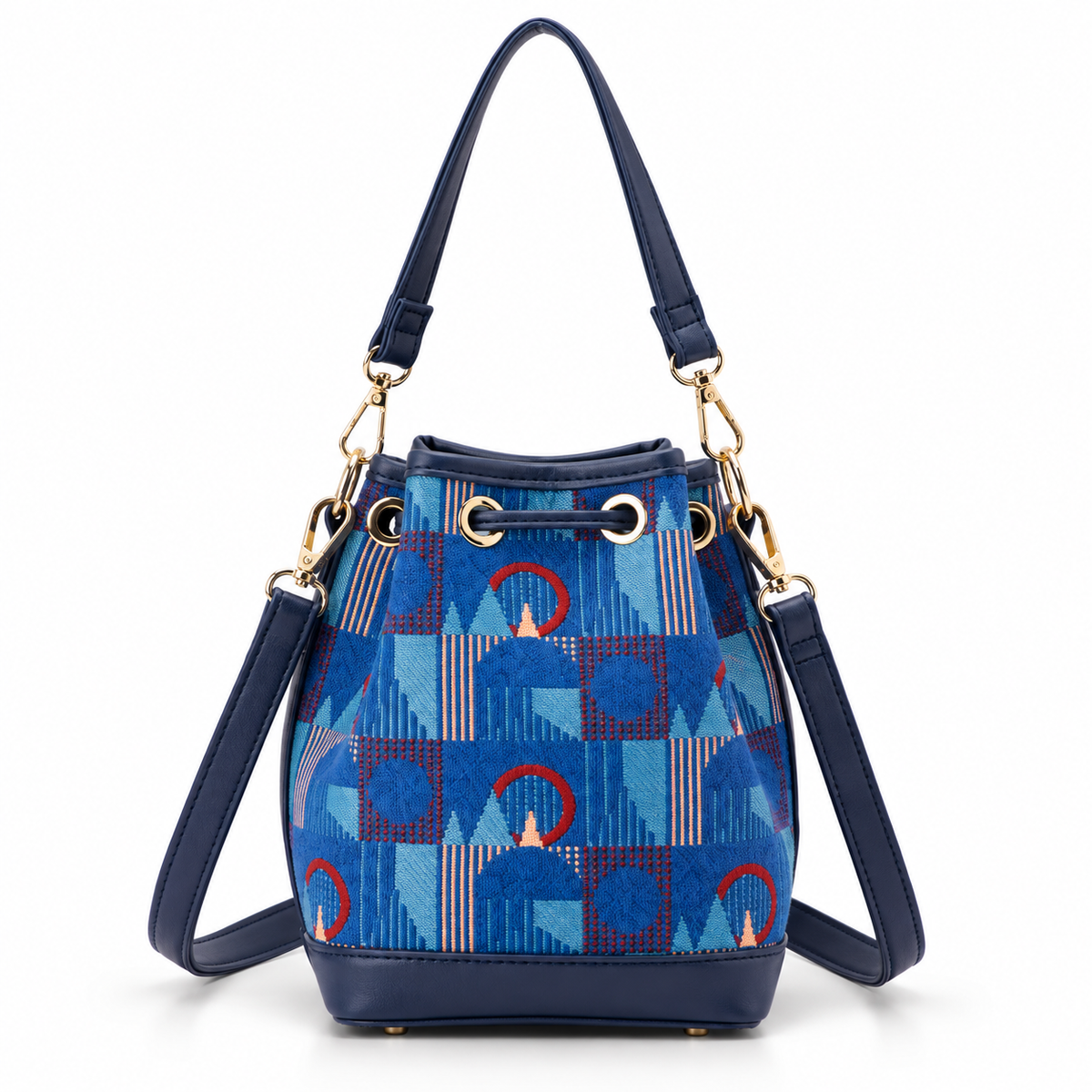 Piccadilly Line Mind the Gap bucket handbag with navy straps