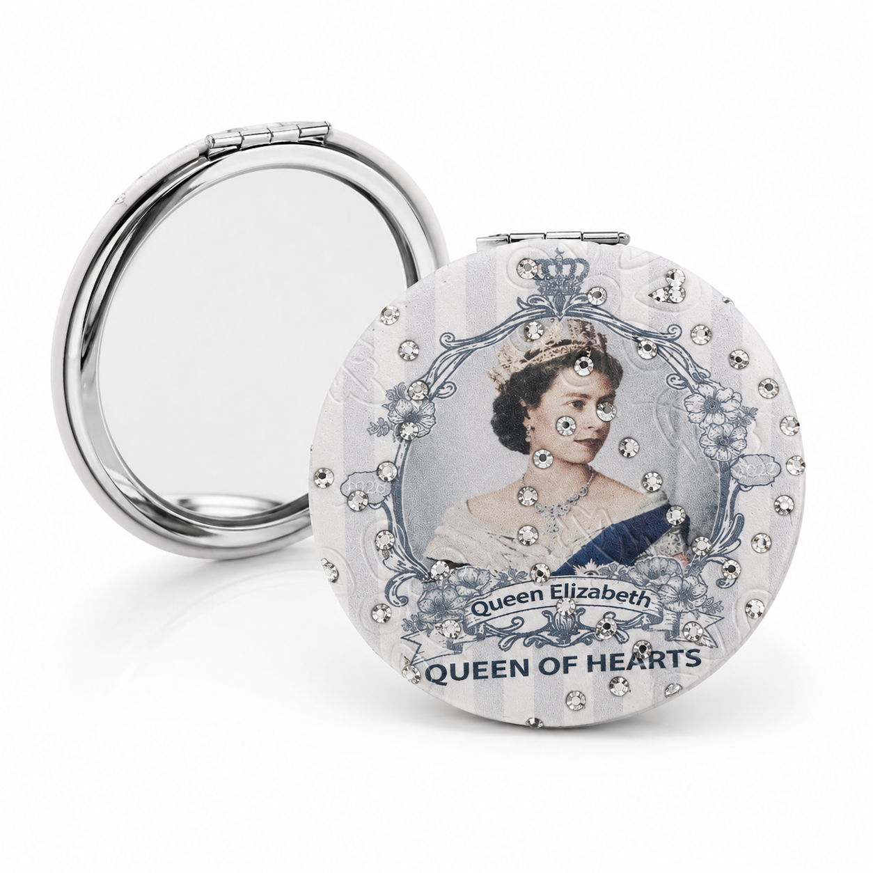 Compact mirror with Queen Elizabeth design on a white background