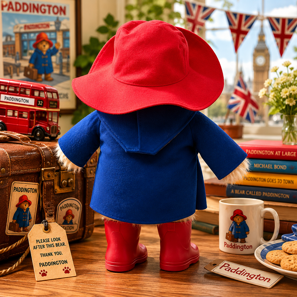 Rear view of the Official Large Collector Paddington Bear plush on a white background showing the hooded duffle coat and iconic red hat.