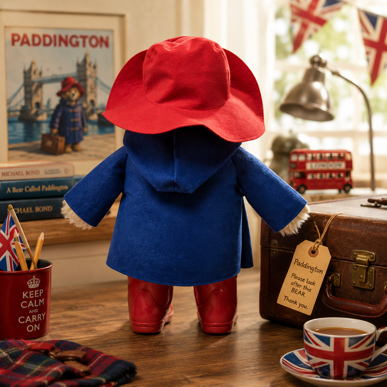 Rear view of the Official Large Collector Paddington Bear showing his blue duffle coat and red hat in a charming British-themed setting