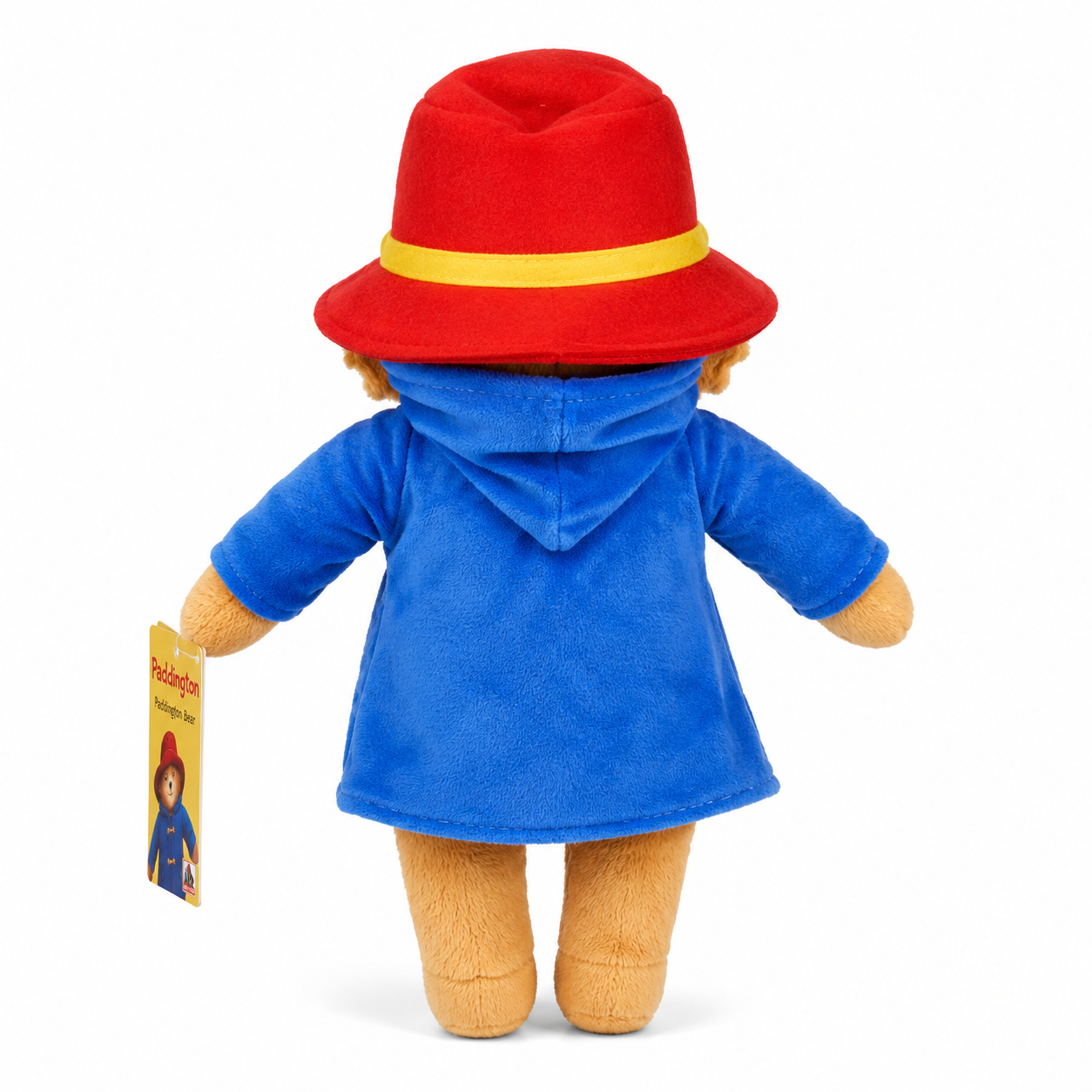 Rear view of the Official Paddington Bear plush showing the hooded blue duffle coat and red hat on a white studio background.