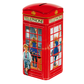 Red telephone box-shaped piggy bank with a design of a boy and girl in a phone booth with English Toffee inside
