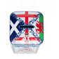 Decorative glass container with a colorful design on a white background