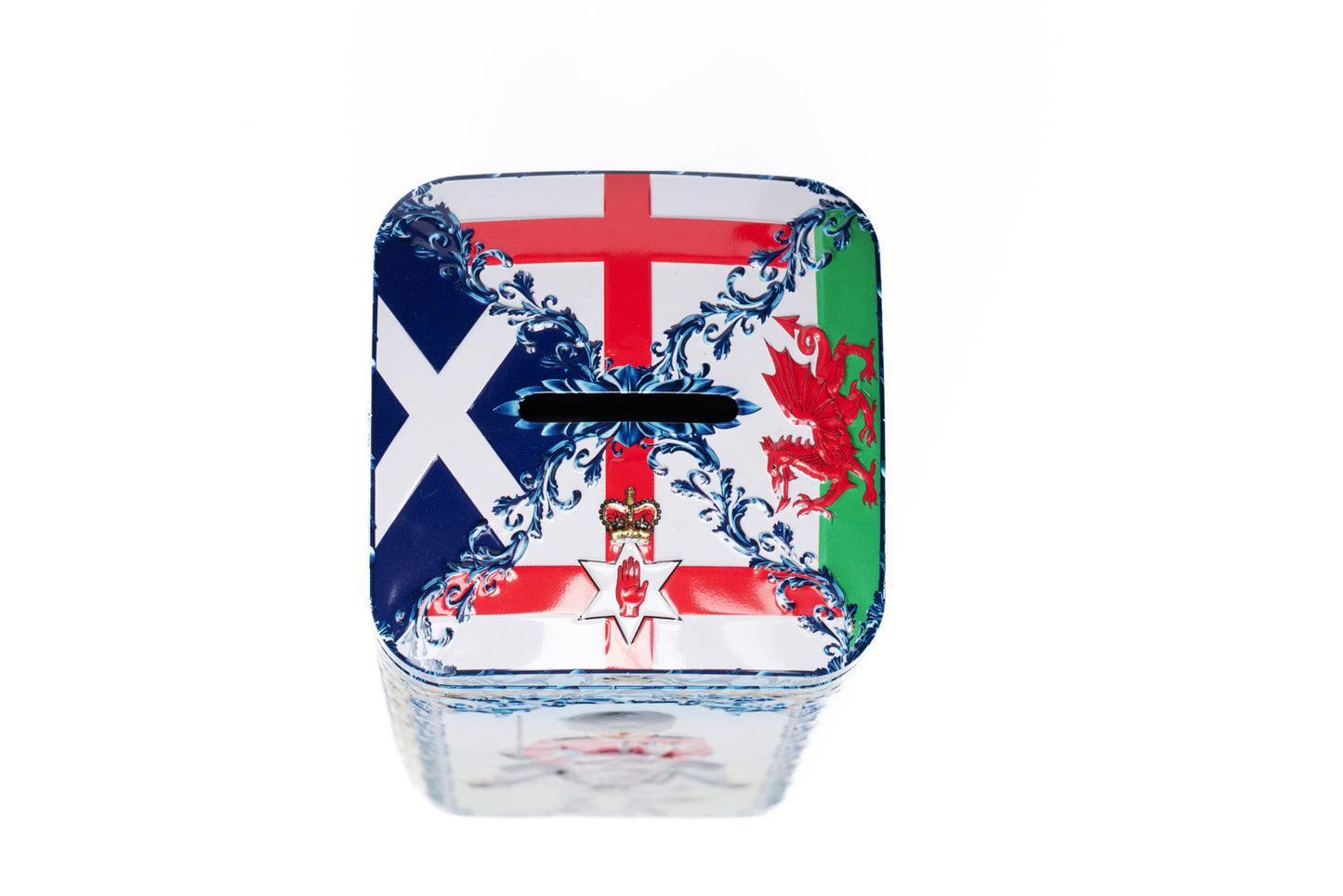 Decorative glass container with a colorful design on a white background