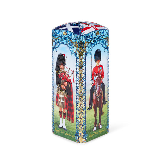 Decorative box with images of a person in Scottish dress and a person on horseback, featuring the Union Jack.