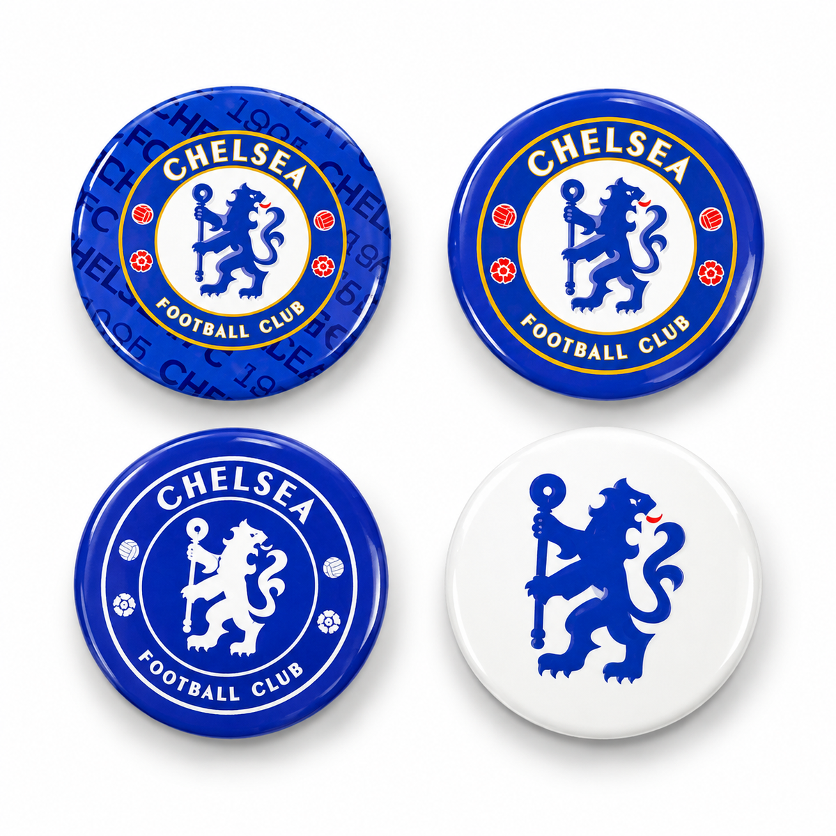 Four Chelsea Football Club round pin badges arranged in a 2x2 grid on a white background. Two badges show the full club crest with blue lion emblem, white center, and red rose details on a blue field; the other two show simplified blue lion graphics on blue and white backgrounds.