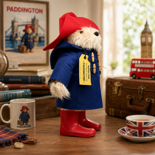 Side view of the Official Large Collector Paddington Bear standing in a British-inspired display with classic London décor and vintage suitcase.