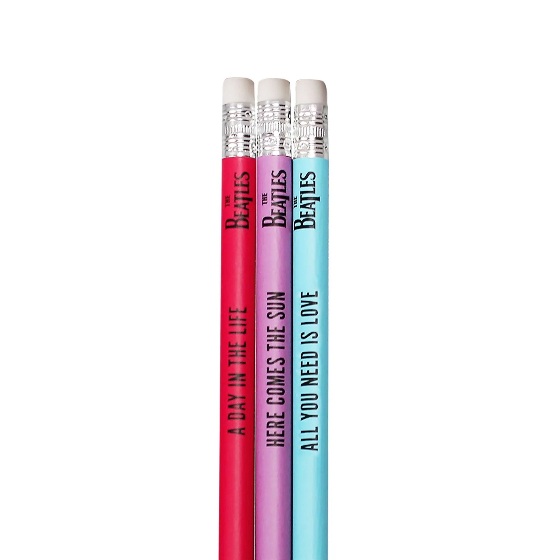 Three Beatles-themed pencils in red, pink, and blue on a white background