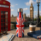 Union Jack water bottle with London landmarks in the background