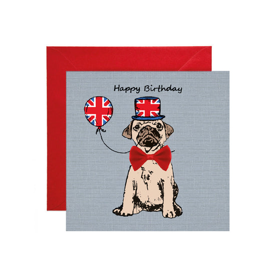 Union Jack Pug - Happy Birthday Card - Apple & Clover