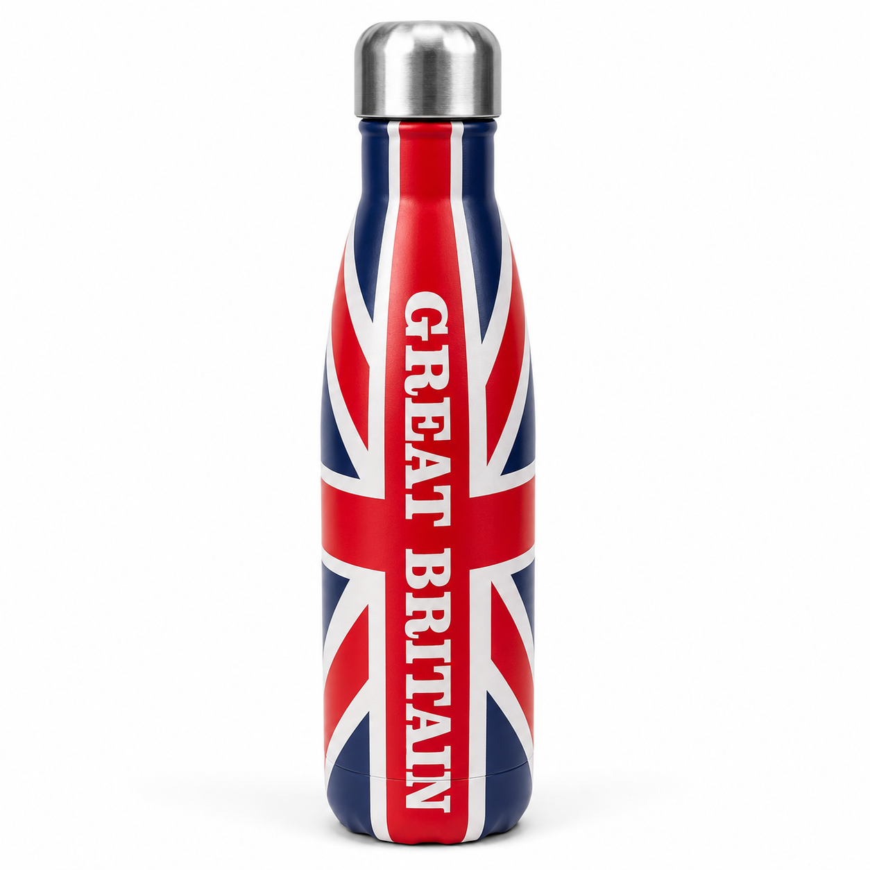 Thermos bottle with Union Jack design and 'GREAT BRITAIN' text on a white background