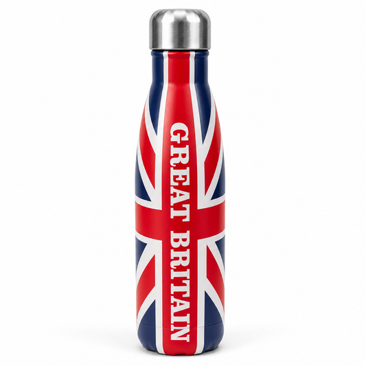 Thermos bottle with Union Jack design and 'GREAT BRITAIN' text on a white background
