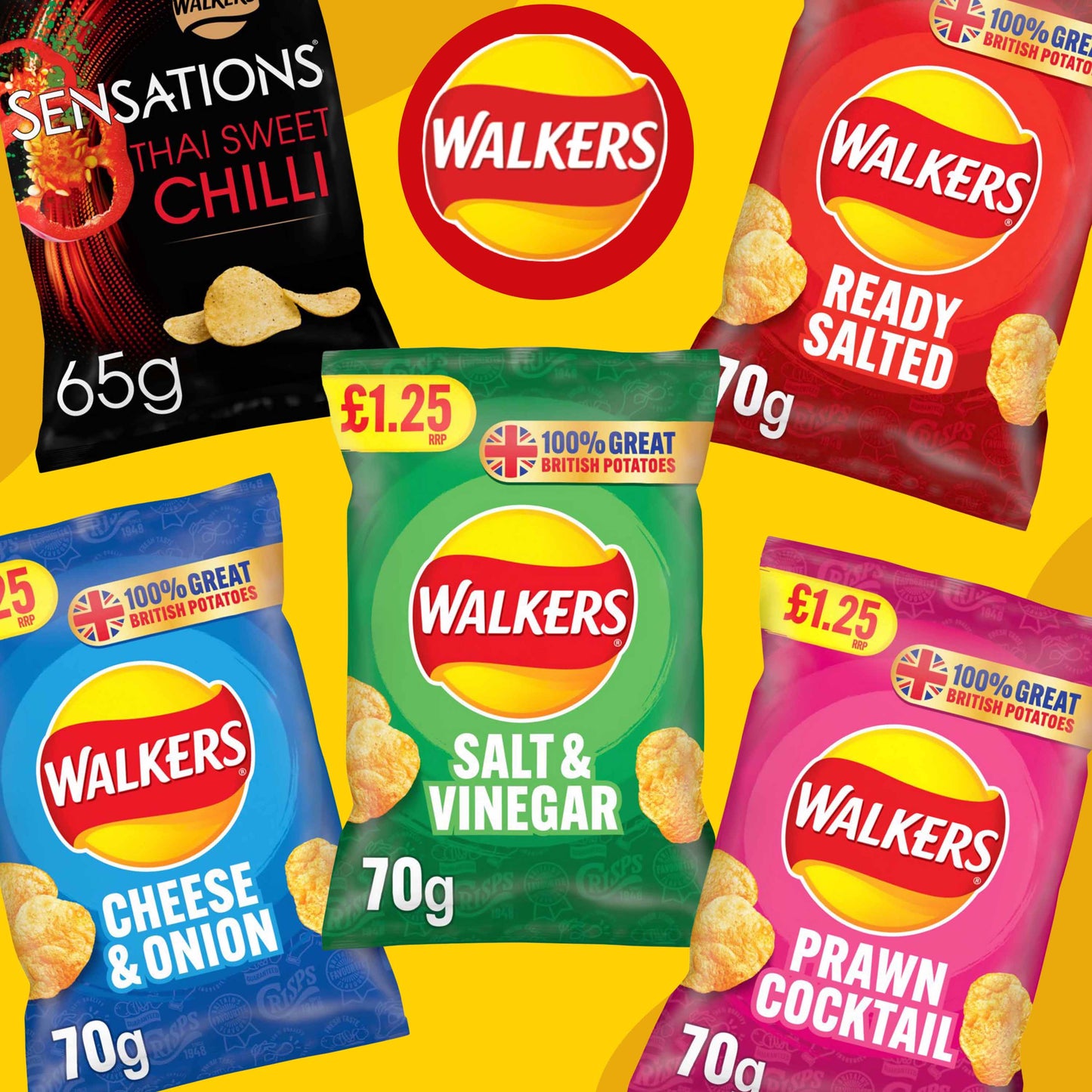 Walkers Salt & Vinegar Crisps 70g - (£1.25 Bag) - Classic British Crisps