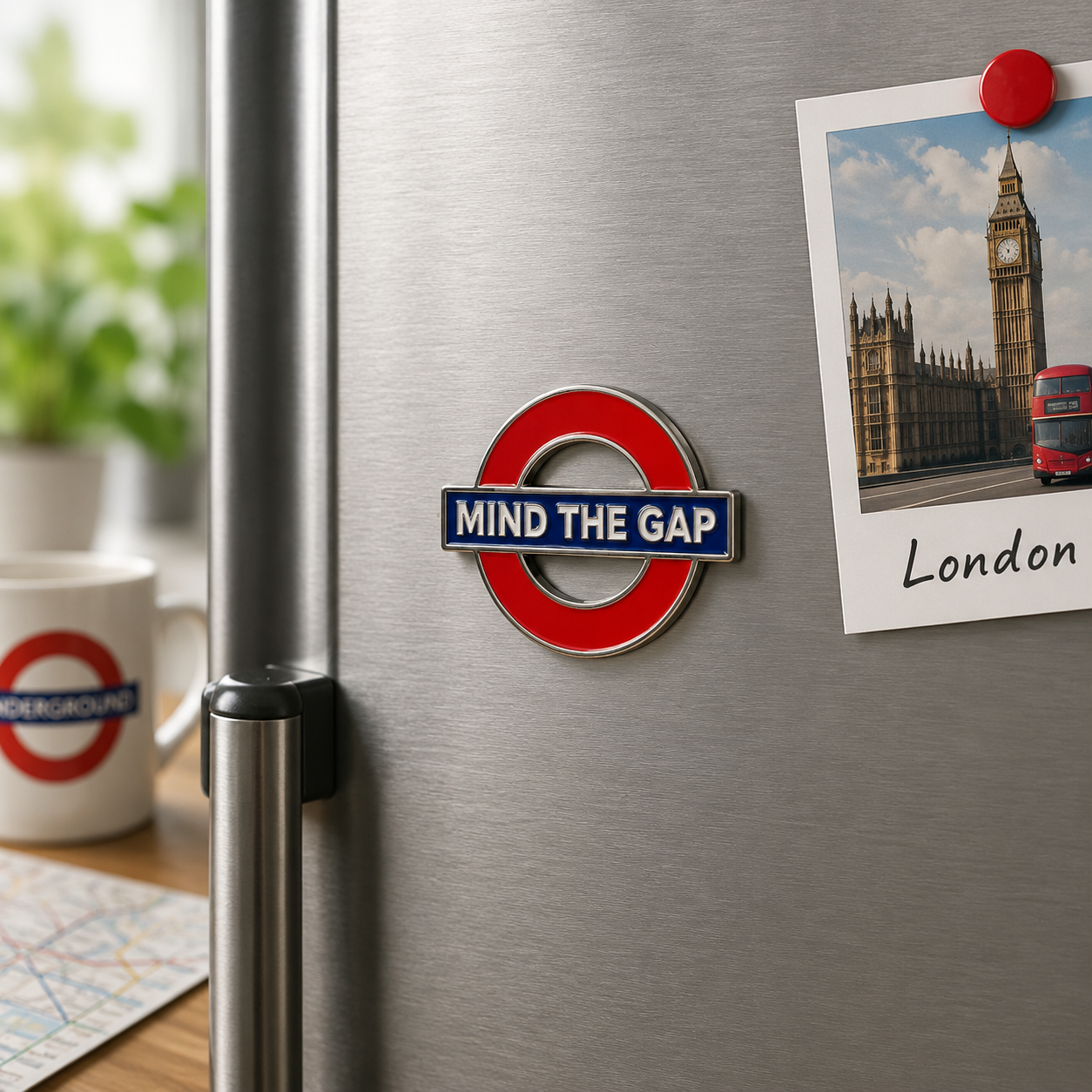 Close-up of a red and blue London Underground Mind the Gap fridge magnet
