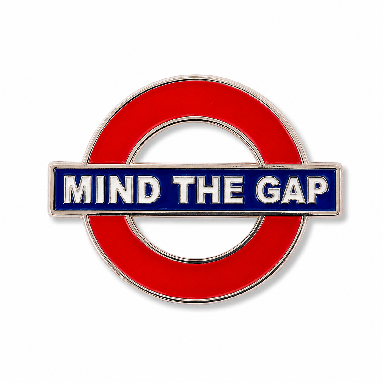 Mind the Gap metal enamel fridge magnet with London landmarks in the background
