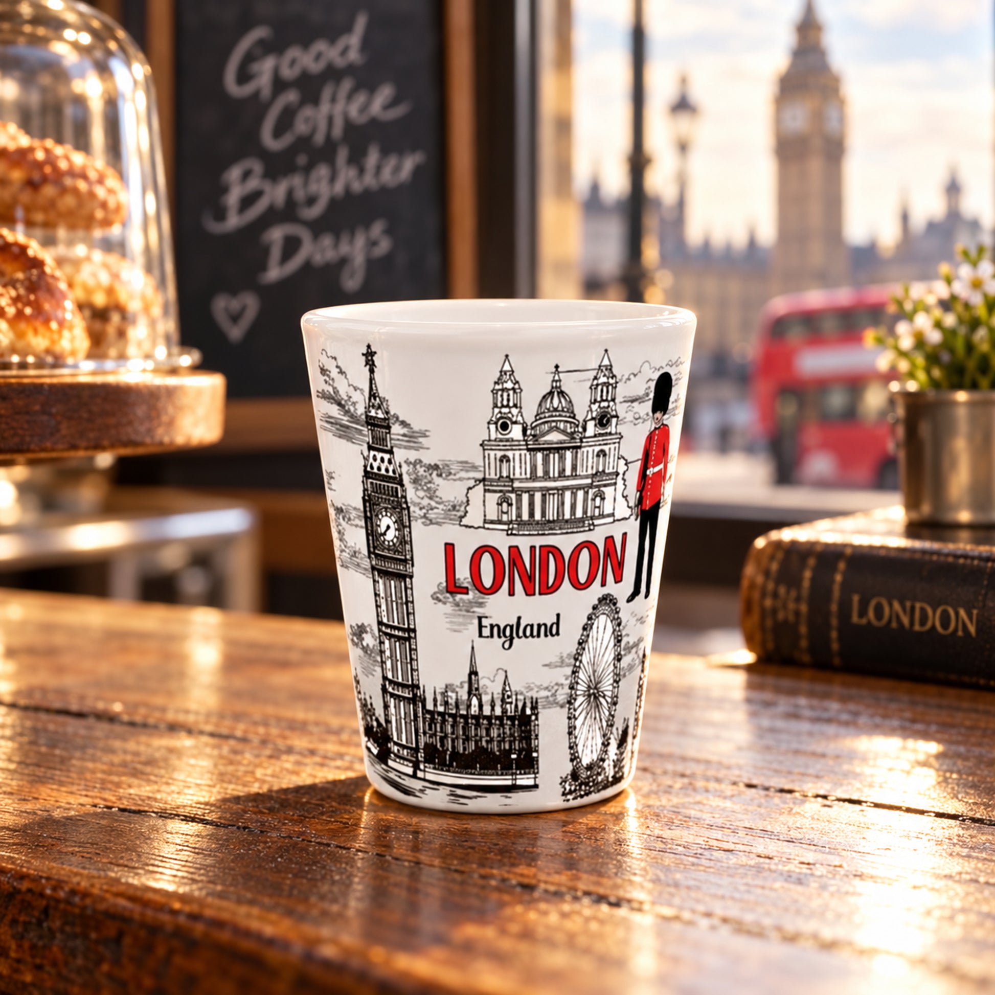 Black and White London Shot Glass in a styled lifestyle setting