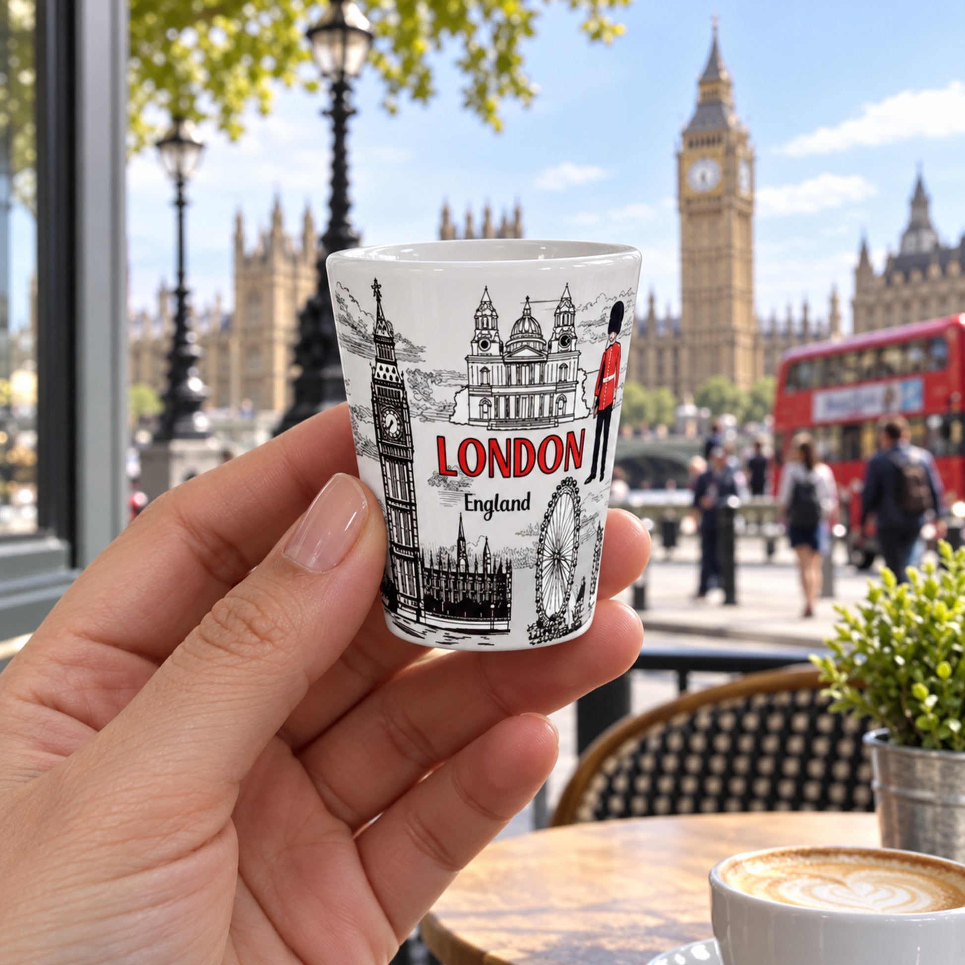 Black and White London Shot Glass shown naturally in use in the UK