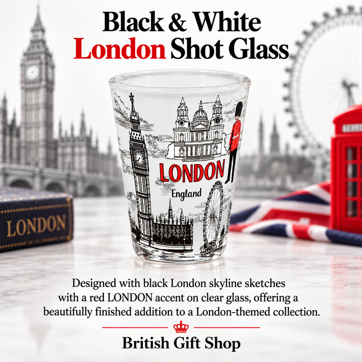 Black and White London Shot Glass in a British Gift Shop product advertisement