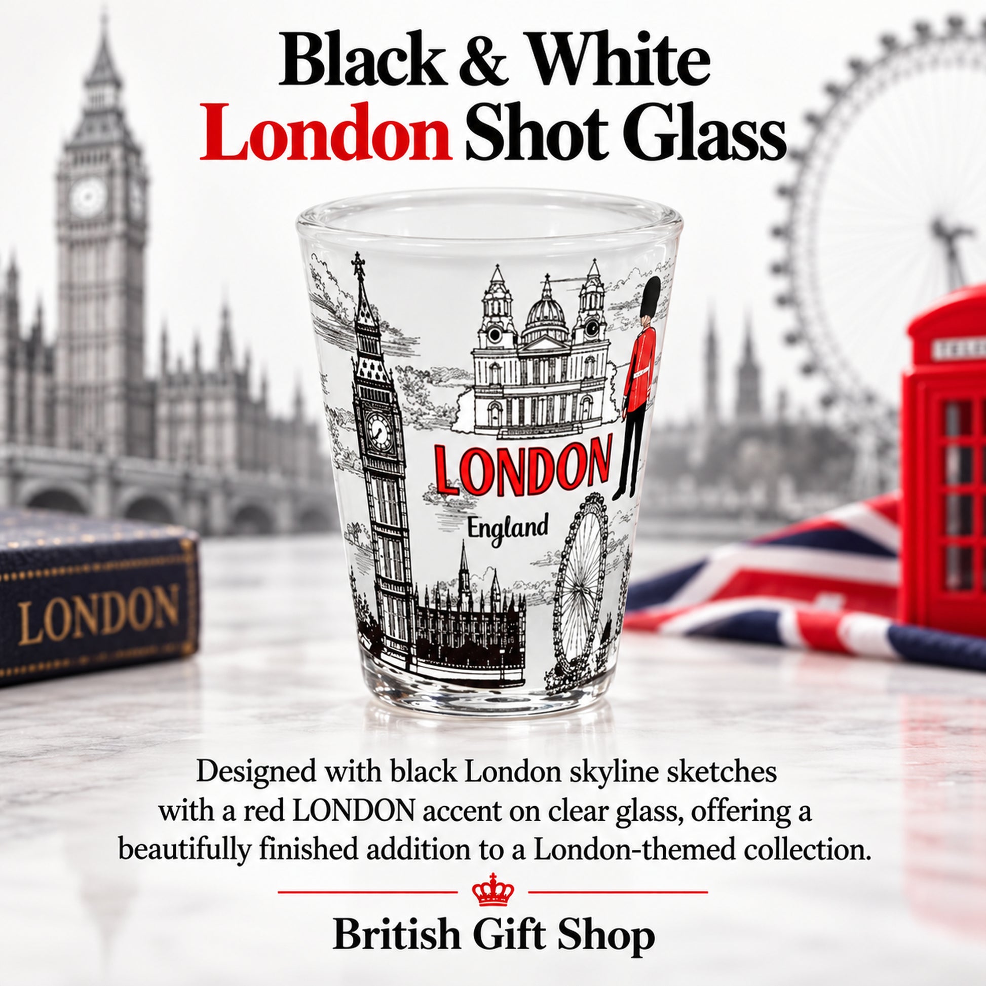 Black and White London Shot Glass in a British Gift Shop product advertisement