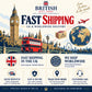 British Gift Shop delivery information in an illustrated London design: UK and worldwide shipping; dispatch within 1–2 working days; careful packing, order tracking and customer care.
