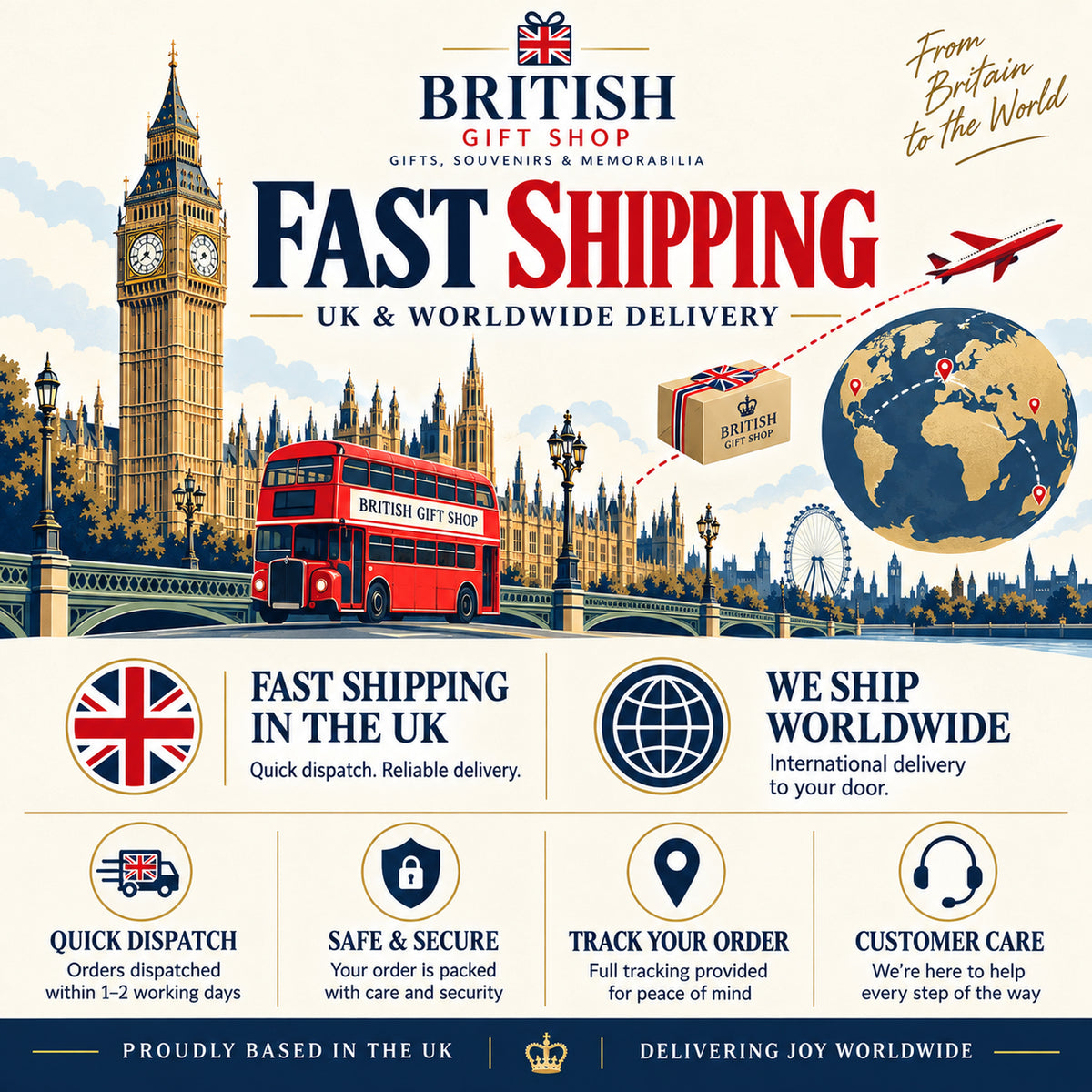 British Gift Shop delivery information in an illustrated London design: UK and worldwide shipping; dispatch within 1–2 working days; careful packing, order tracking and customer care.