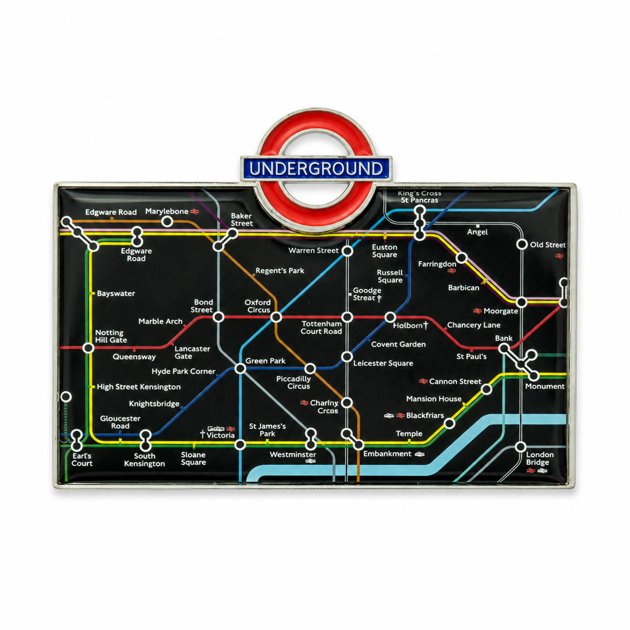 Embossed metal fridge magnet featuring a red London Underground train