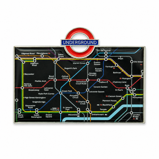 Embossed metal fridge magnet featuring a red London Underground train