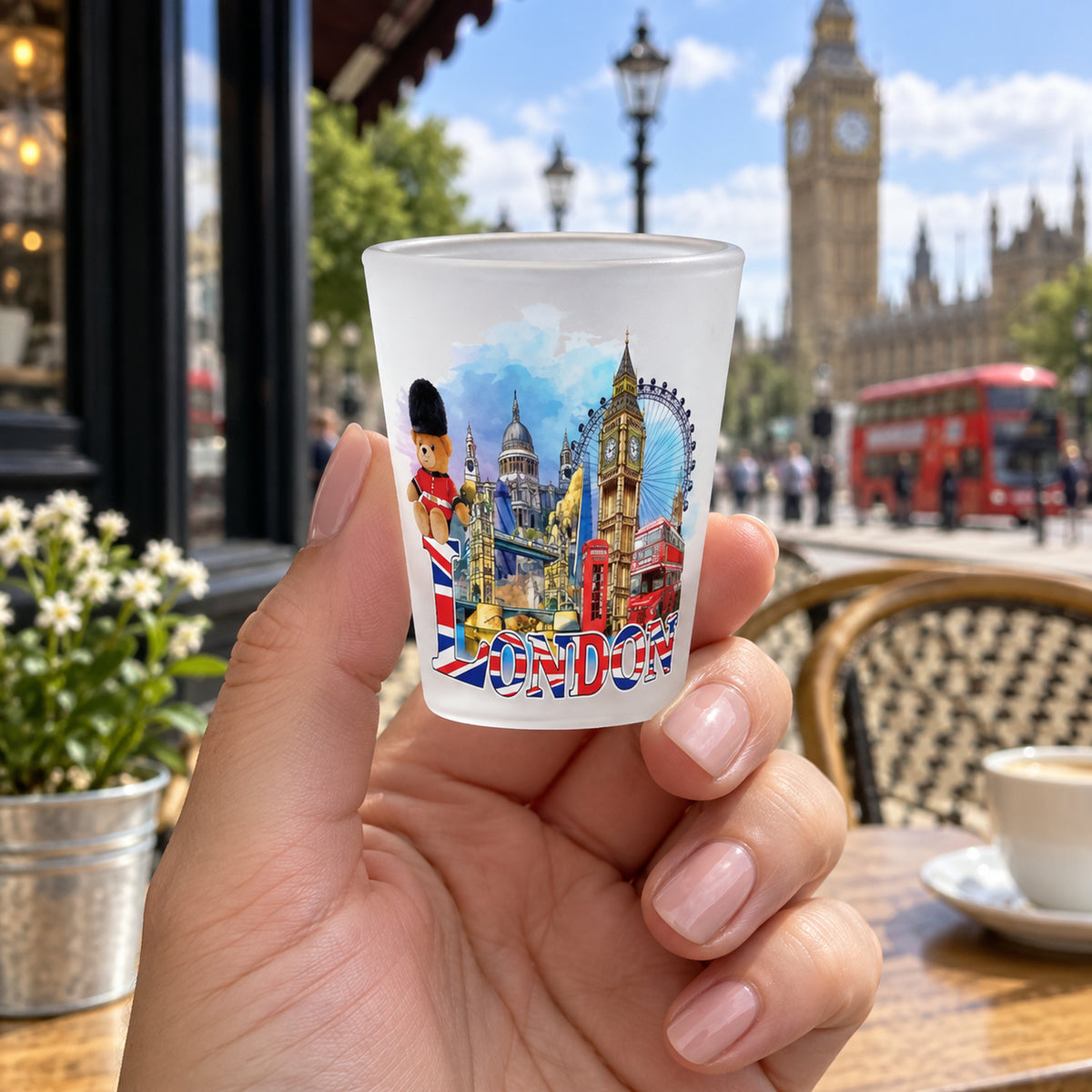 Colour London Shot Glass shown naturally in use in the UK