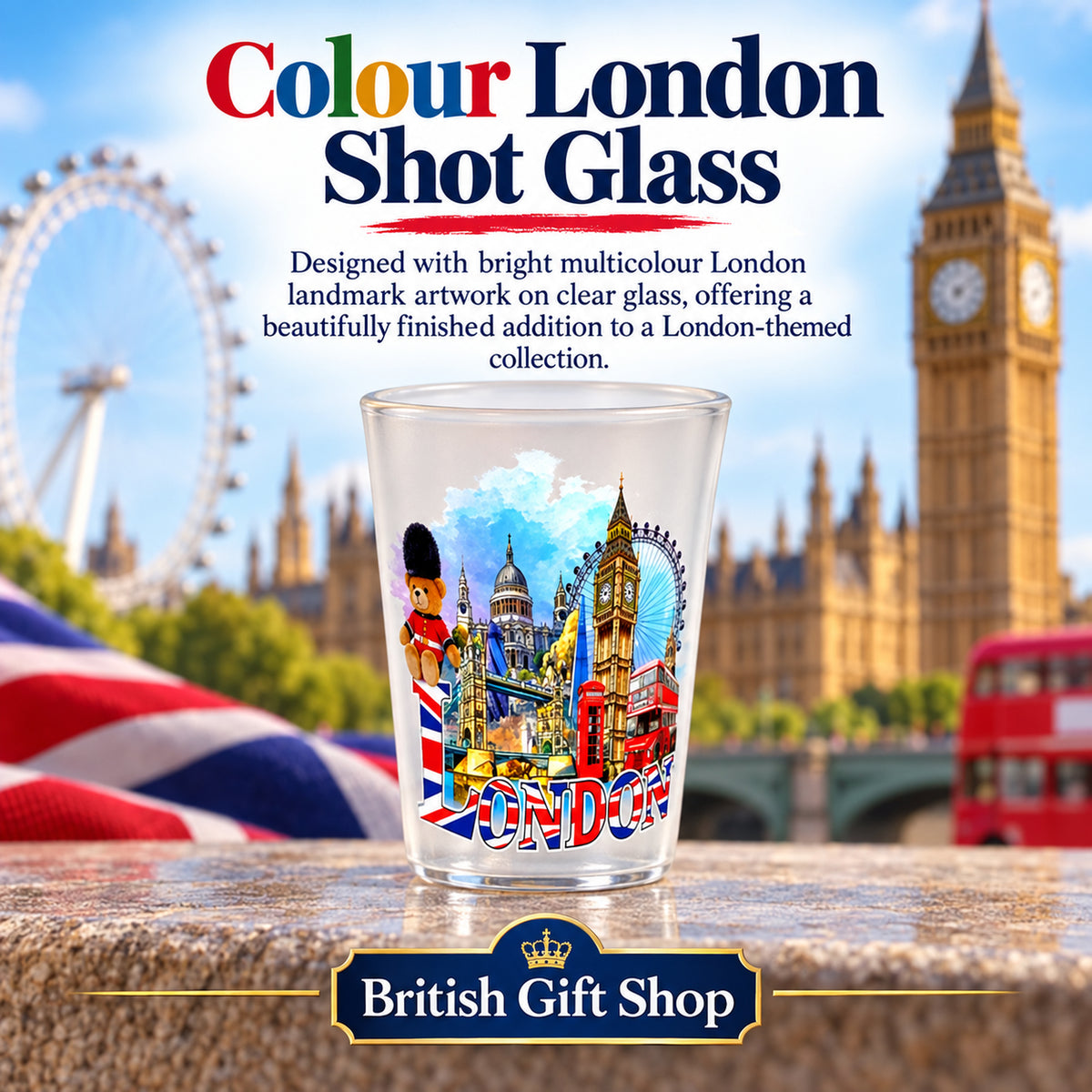 Colour London Shot Glass in a British Gift Shop product advertisement