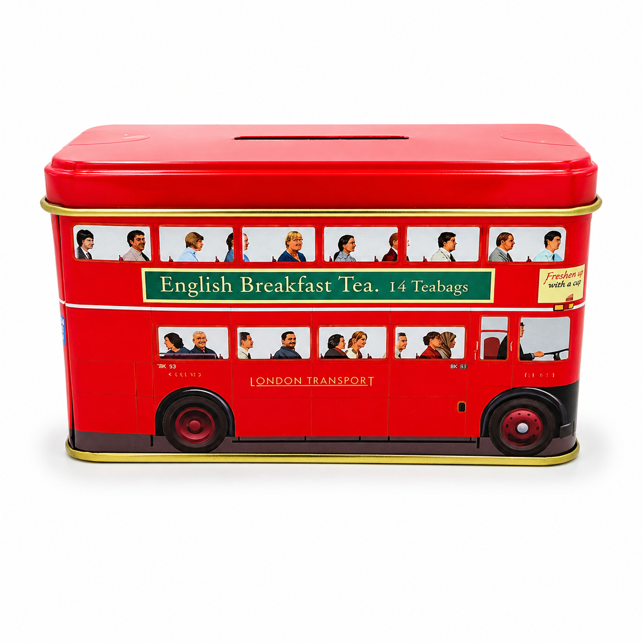 Red London bus-shaped tea tin with English Breakfast Tea branding on a white background