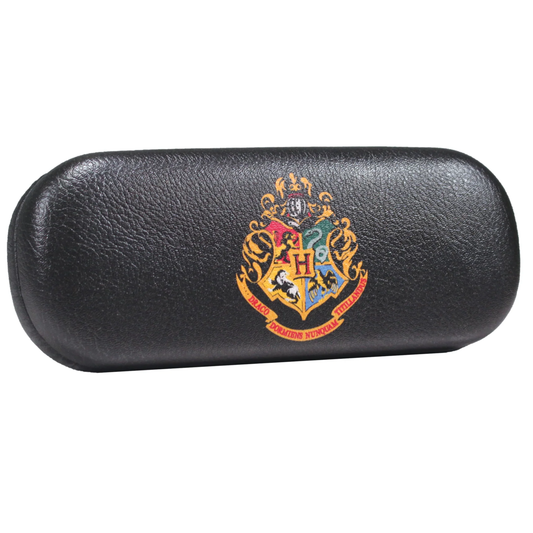 Black glasses case with Hogwarts crest on a white background