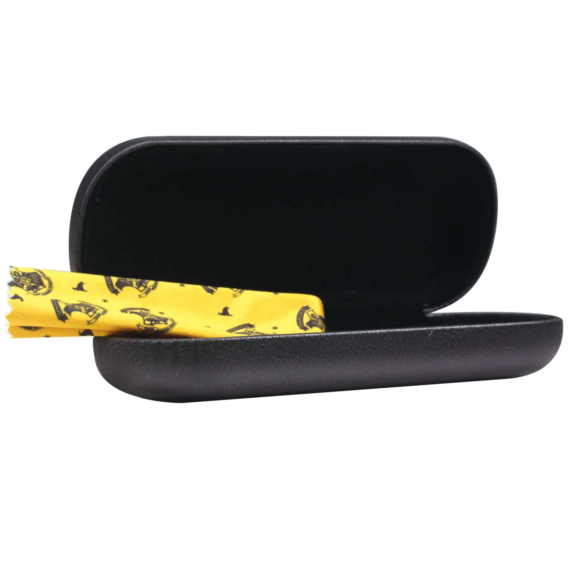 Black eyeglass case with yellow glasses on a white background