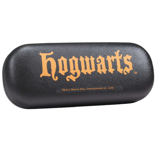 Black glasses case with 'Hogwarts' text on a white background