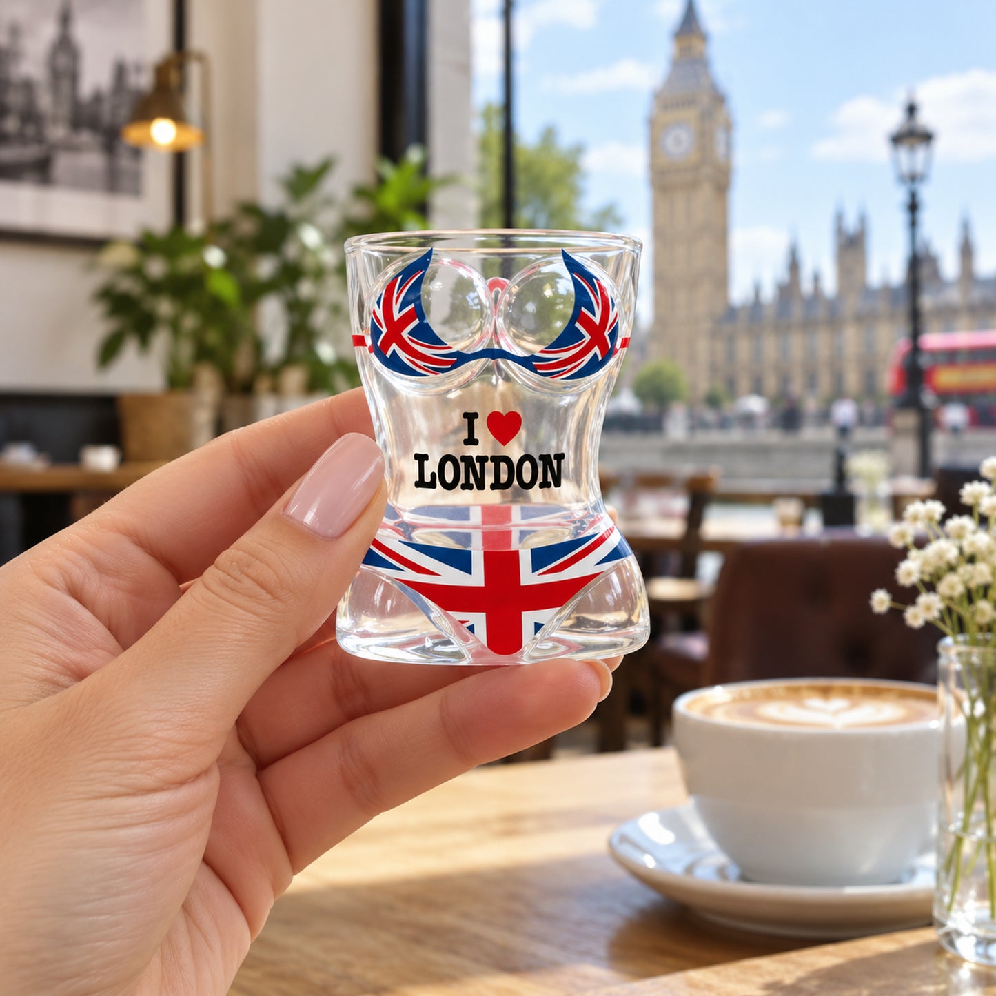 I Love London Shot Glass shown naturally in use in the UK
