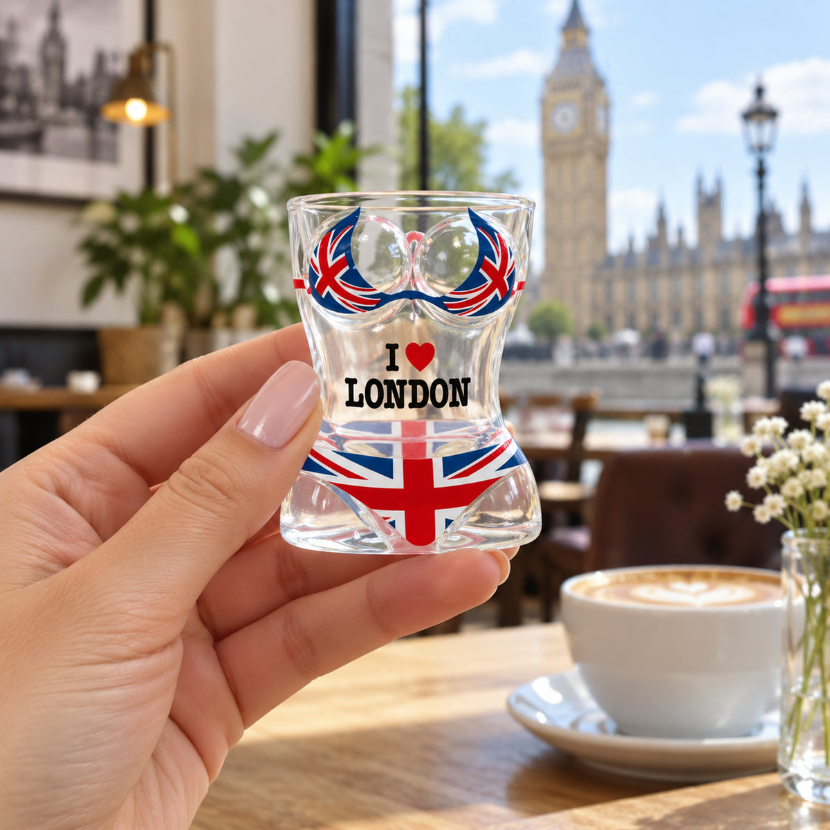 I Love London Shot Glass shown naturally in use in the UK