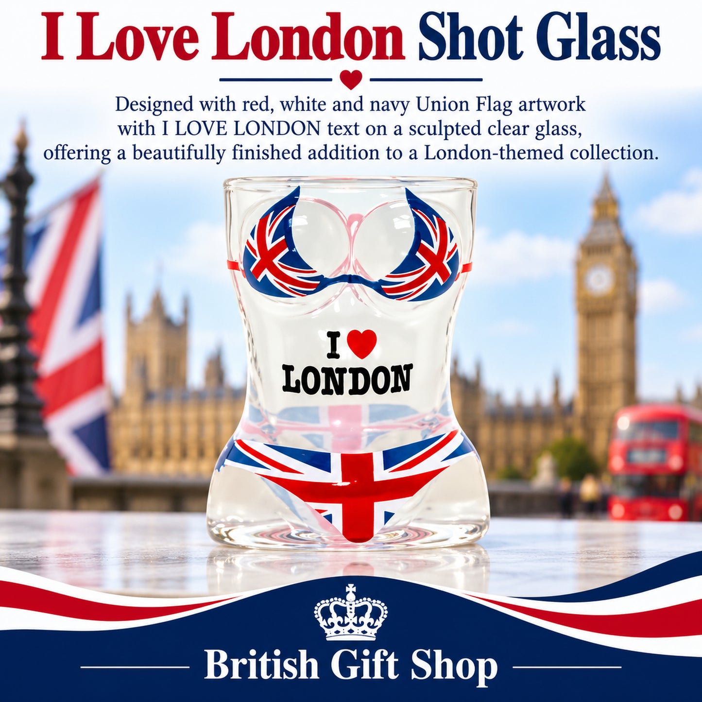 I Love London Shot Glass in a British Gift Shop product advertisement