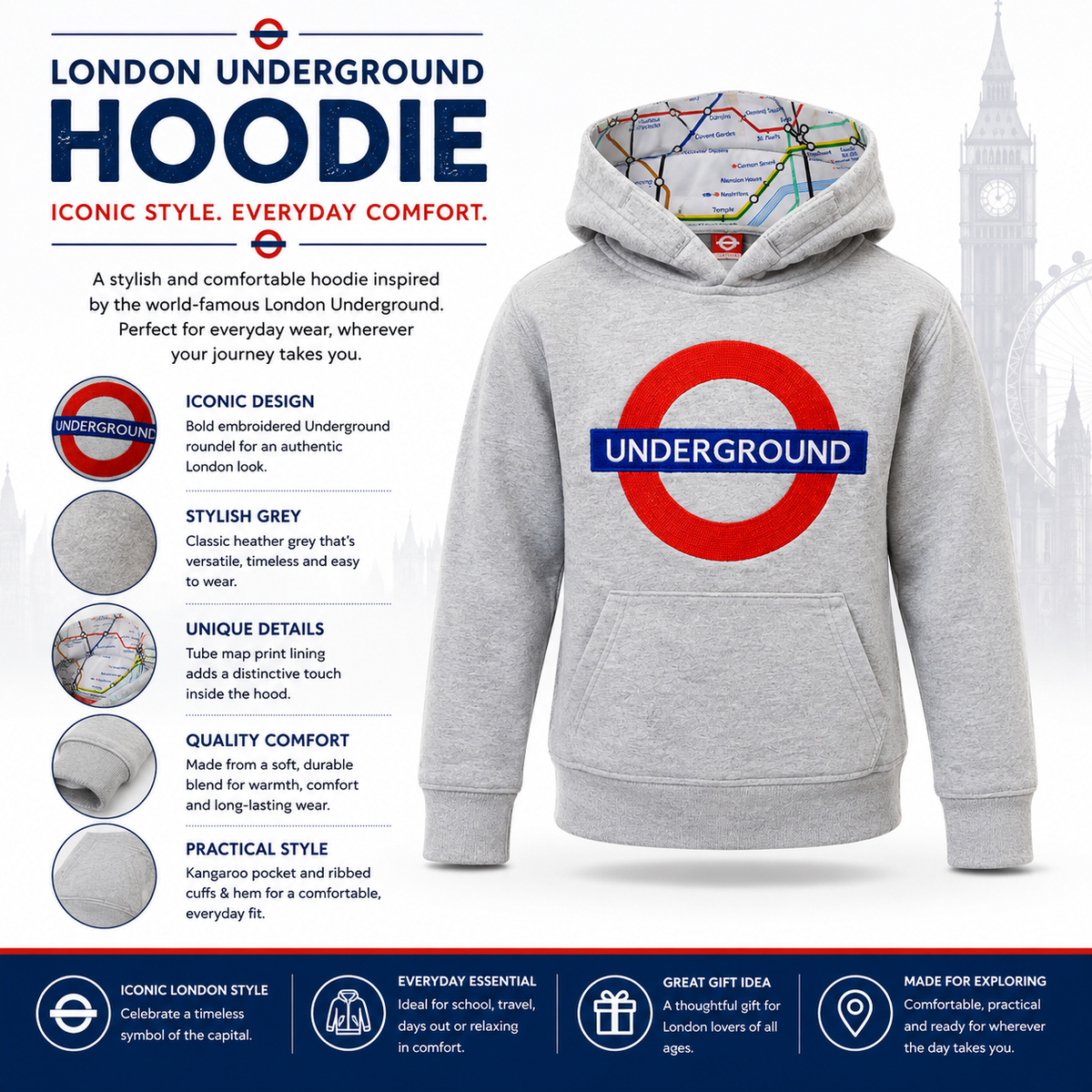 Product feature graphic for kids London Underground hoodie