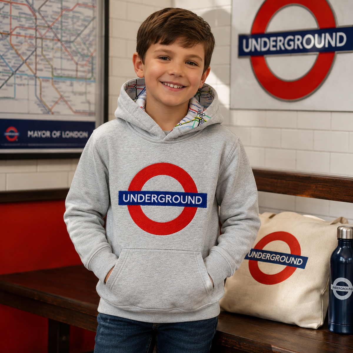 Child wearing a grey London Underground hoodie in an indoor London-style setting