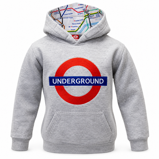 Studio product image of grey kids London Underground hoodie on white background