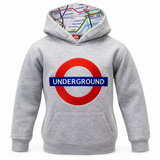 Studio product image of grey kids London Underground hoodie on white background