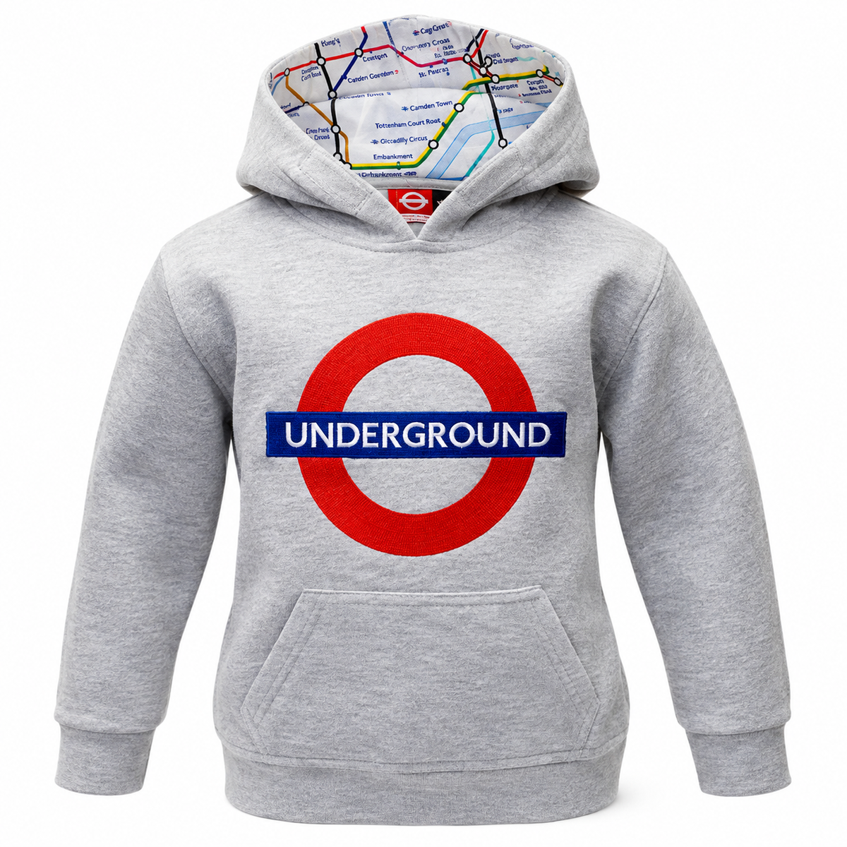 Additional studio product image of grey kids London Underground hoodie on white background