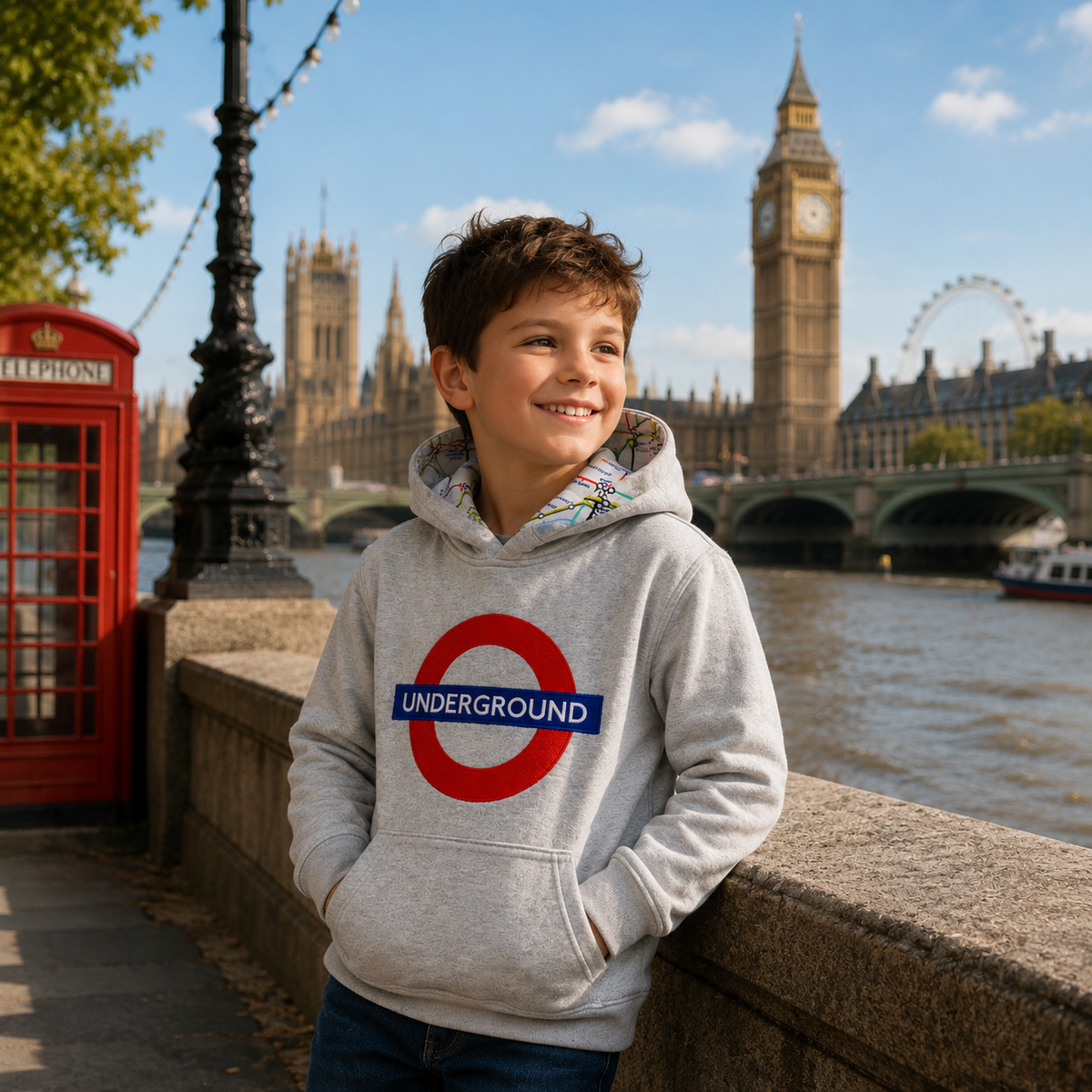 Child wearing a grey London Underground hoodie in a London riverside setting