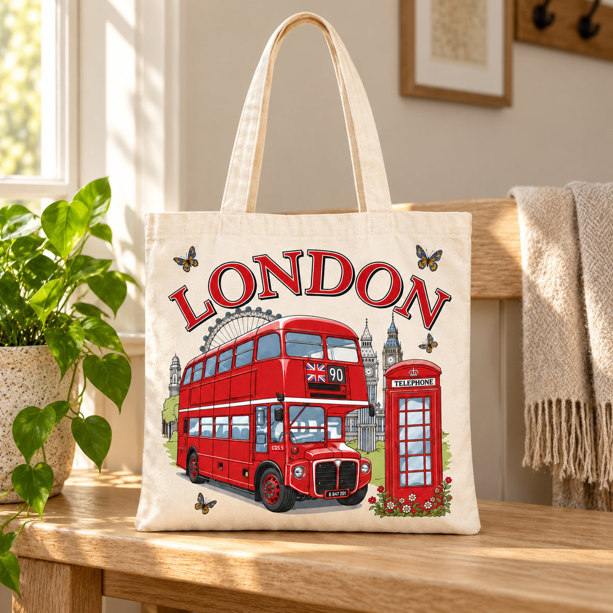 London Bus Large Cotton Tote Bag in a styled lifestyle setting